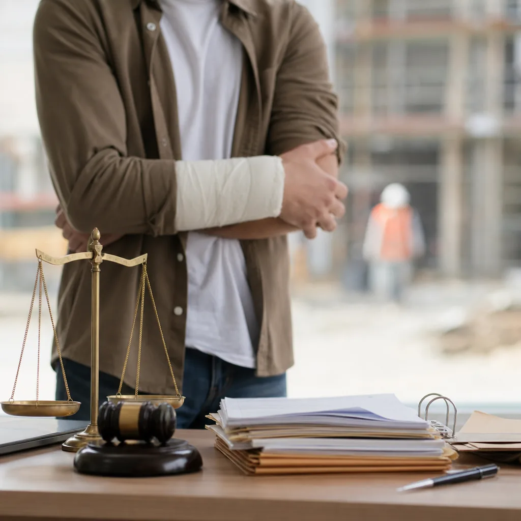 Illustration d'un travailleur se tenant le bras devant un chantier, avec des documents et une balance de justice.