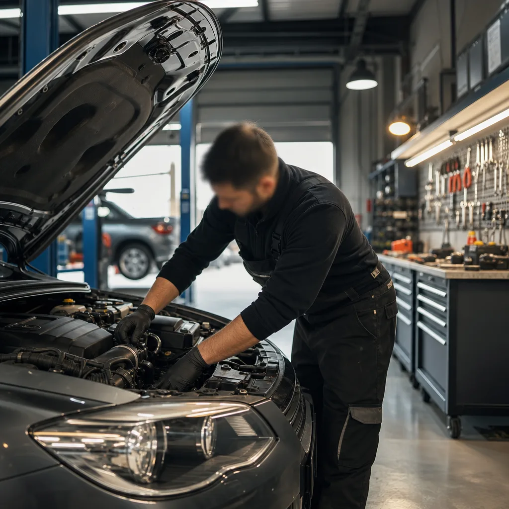 Un mécanicien fiable travaillant sur une voiture dans un garage bien équipé.