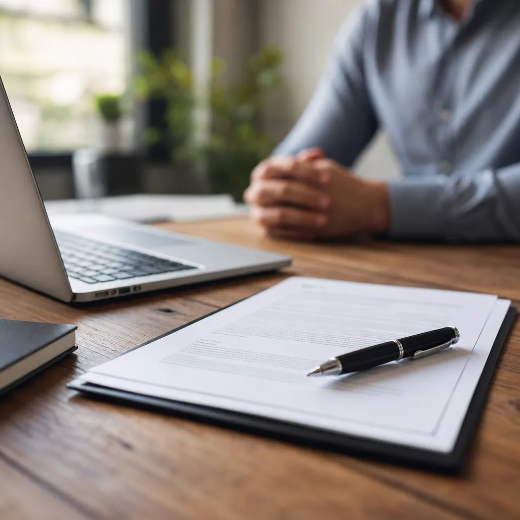 Illustration d'un contrat avec une agence web, un stylo et un ordinateur portable sur un bureau